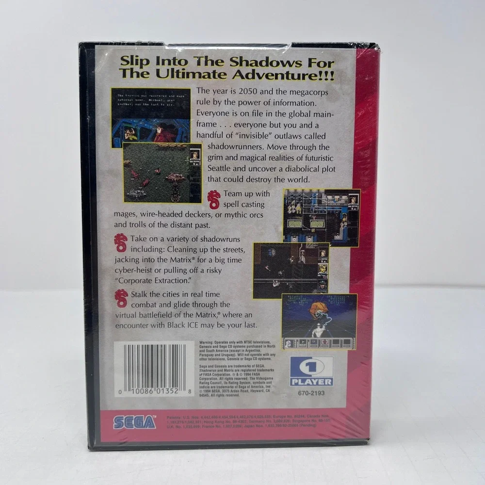 Sega Shadowrun Sega Genesis Black Red Cyberpunk RPG Sealed MA13 1994 Game